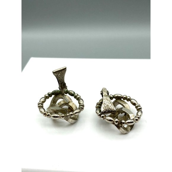 Unique Industrialist Punk Earrings, Silver Tone Chunky Utility Interlocking Link - Picture 4 of 6